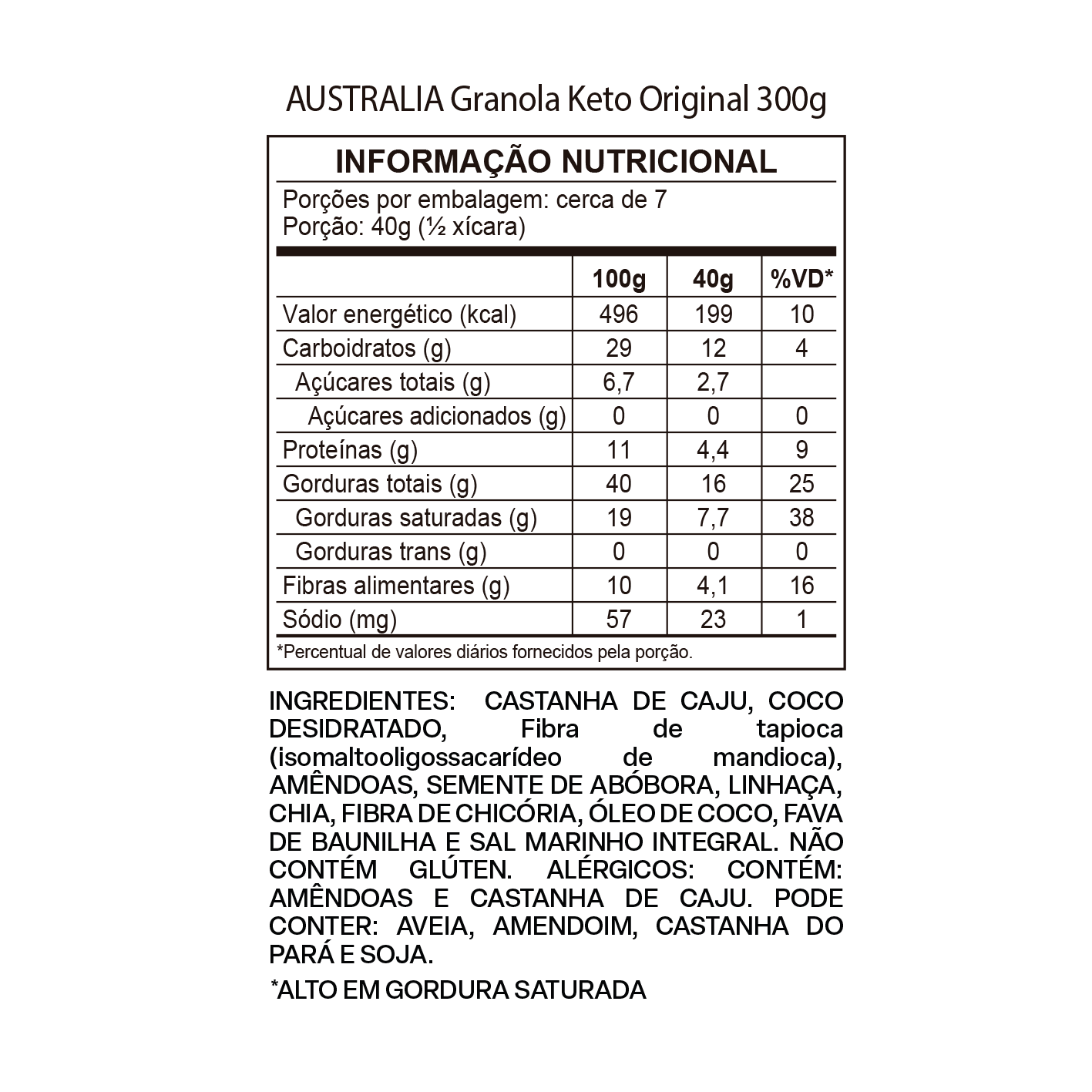Imagem do rótulo nutricional para conferência — Australia Granola Keto Original