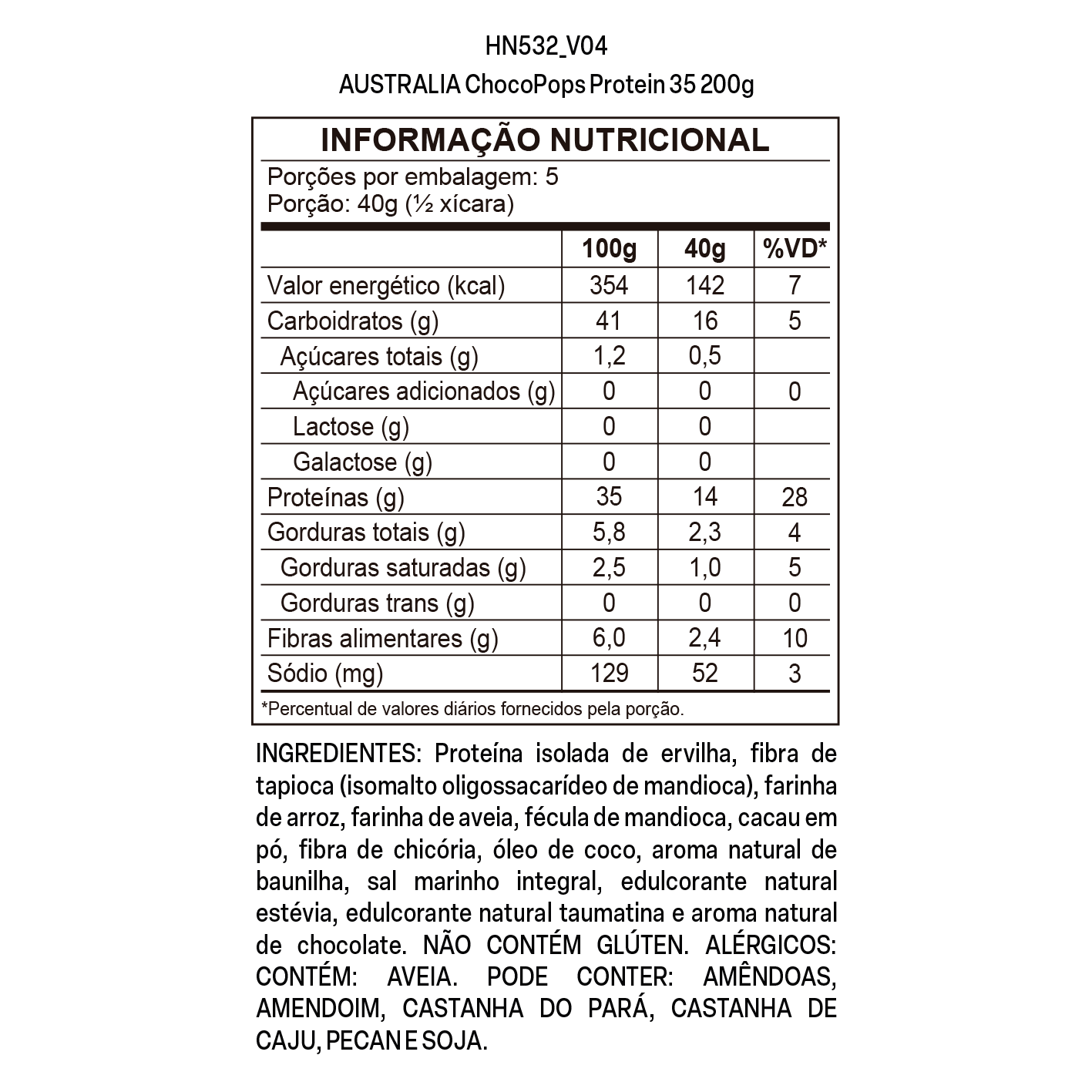 Imagem do rótulo nutricional para conferência — Australia ChocoPops Protein 35