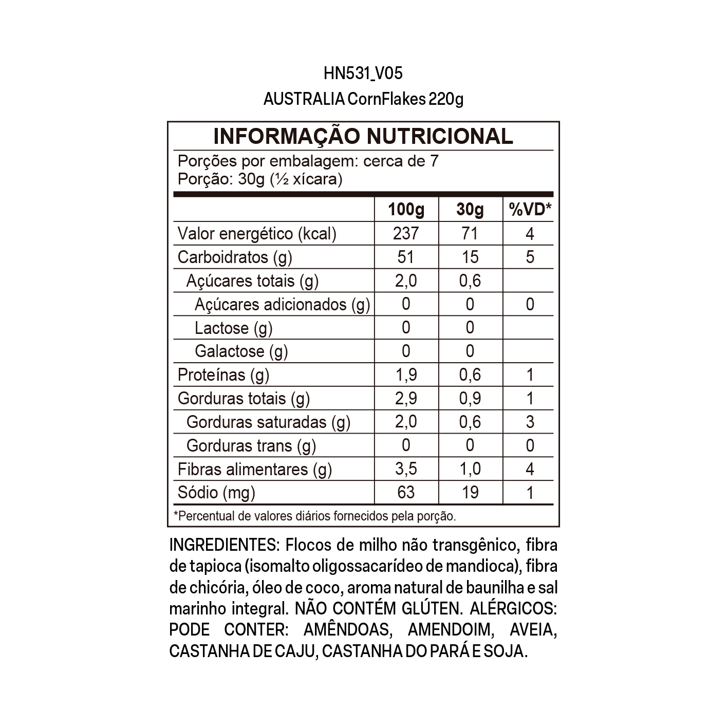 Imagem do rótulo nutricional para conferência — Australia CornFlakes Vanilla