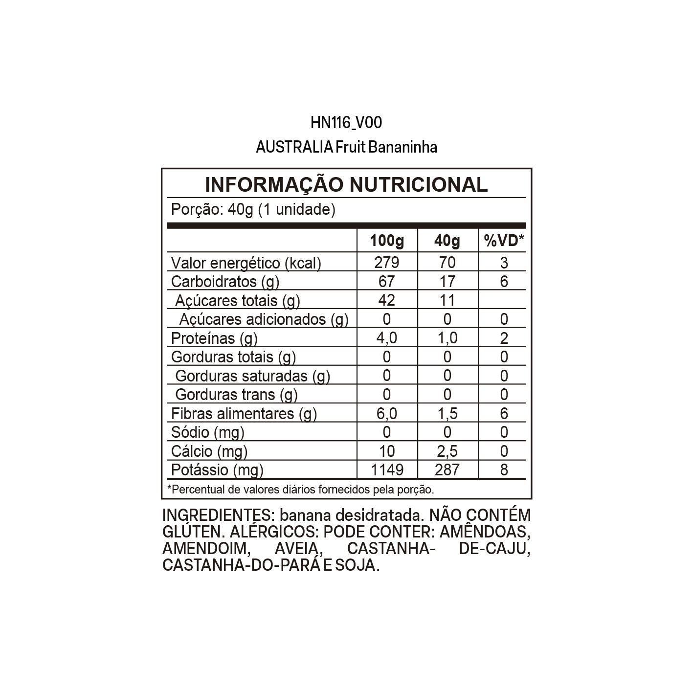 Imagem do rótulo nutricional para conferência — Australia Fruit Bananinha
