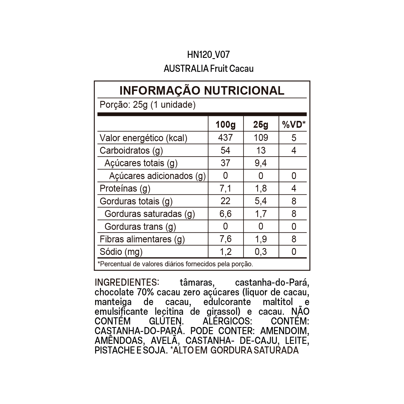 Imagem do rótulo nutricional para conferência — Australia Fruit Cacau