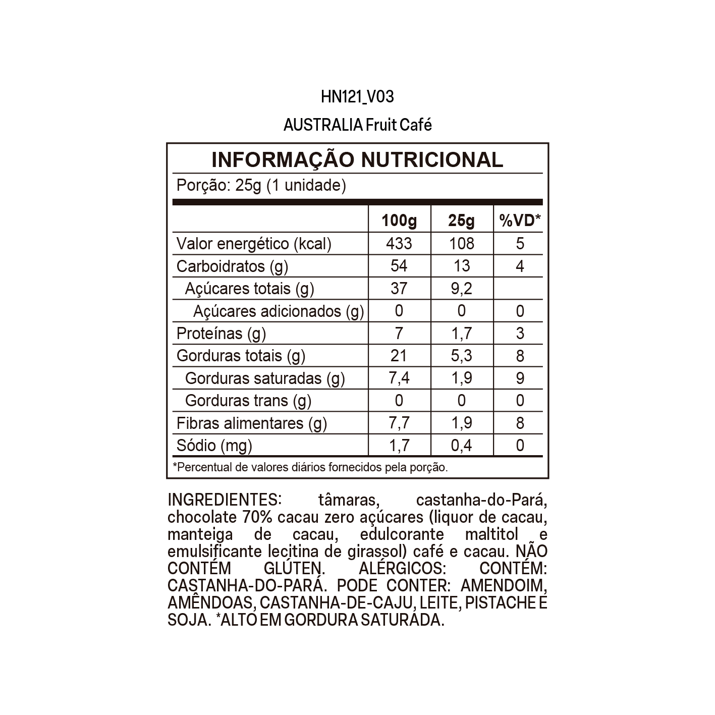 Imagem do rótulo nutricional para conferência — Australia Fruit Café
