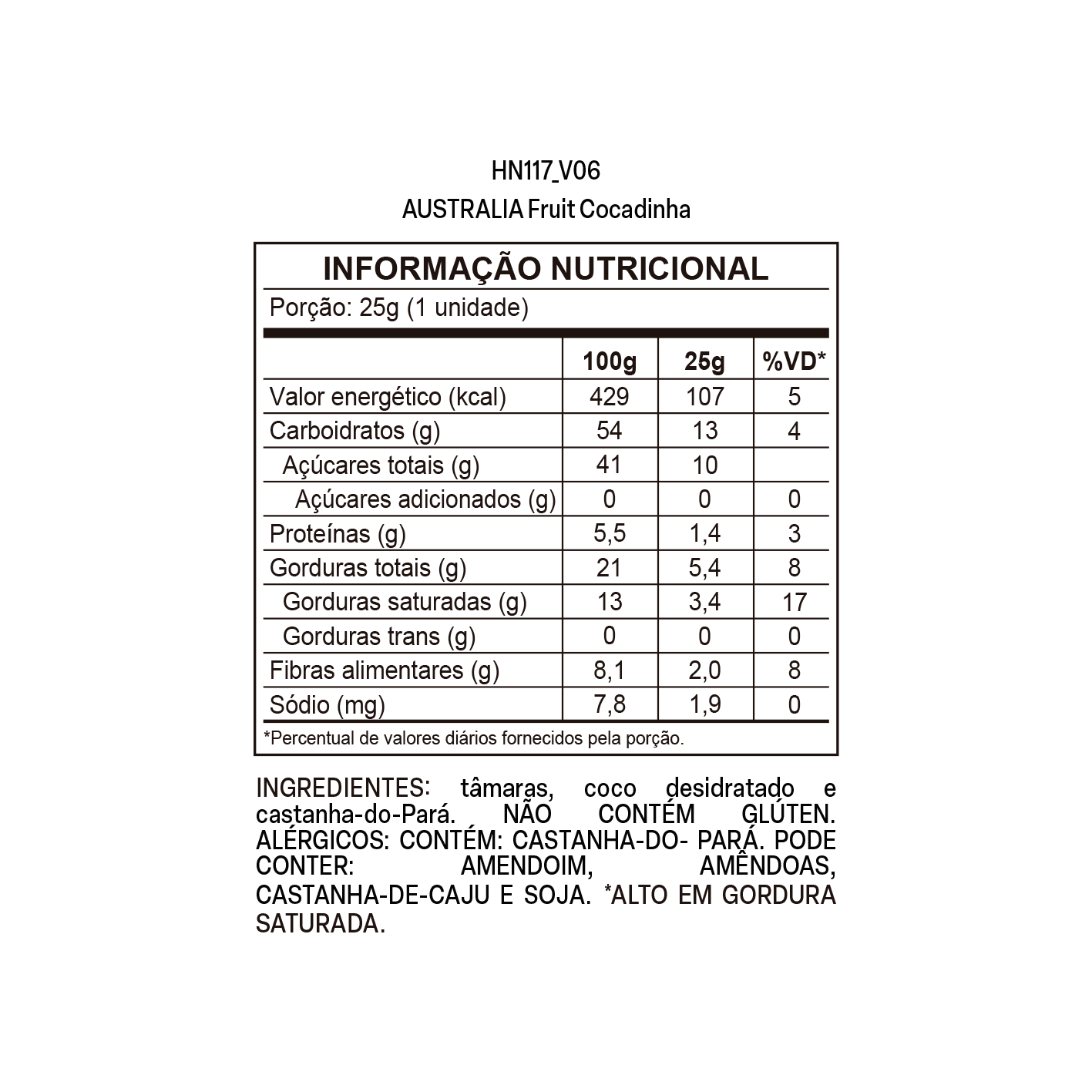 Imagem do rótulo nutricional para conferência — Australia Fruit Cocadinha