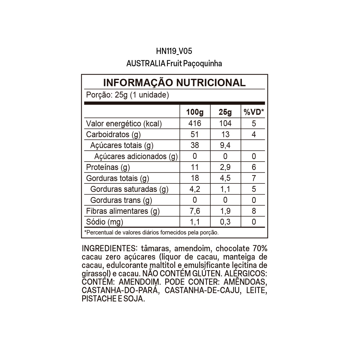 Imagem do rótulo nutricional para conferência — Australia Fruit Paçoquinha