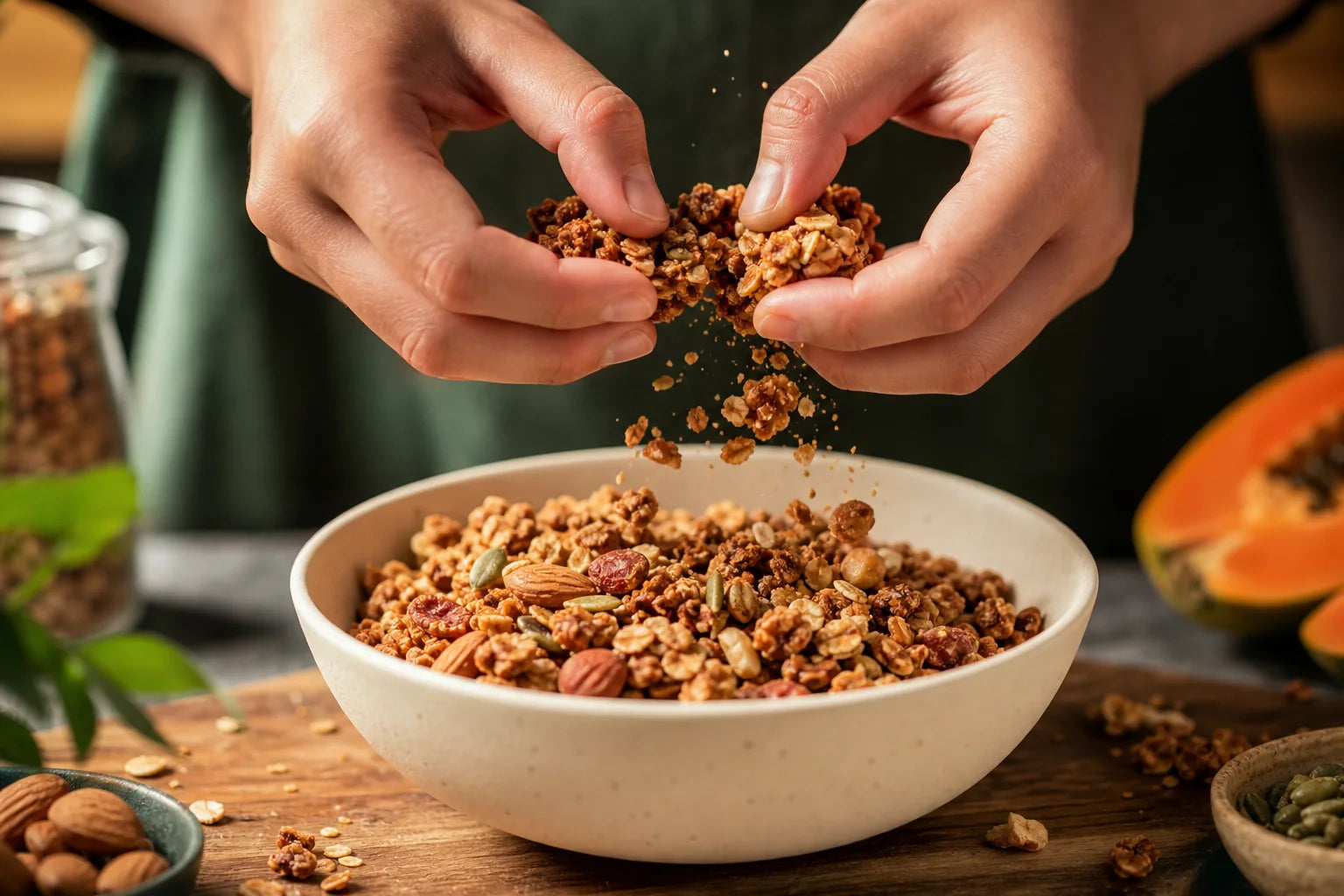 Mãos quebrando um cluster de granola crocante sobre uma tigela.