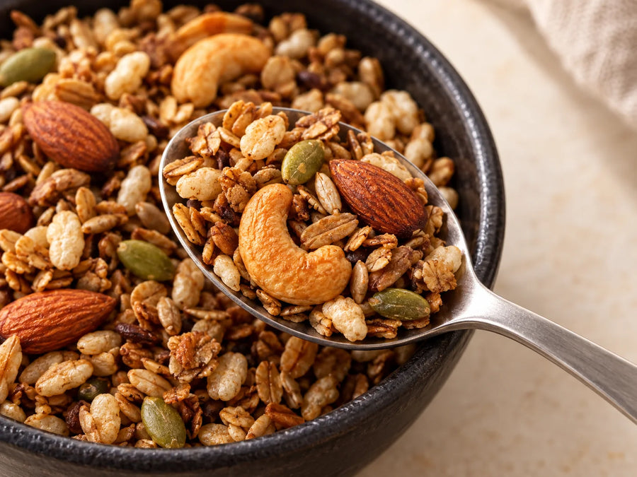 Mãos colocam granola numa tigela de iogurte com banana, morango e mirtilo.