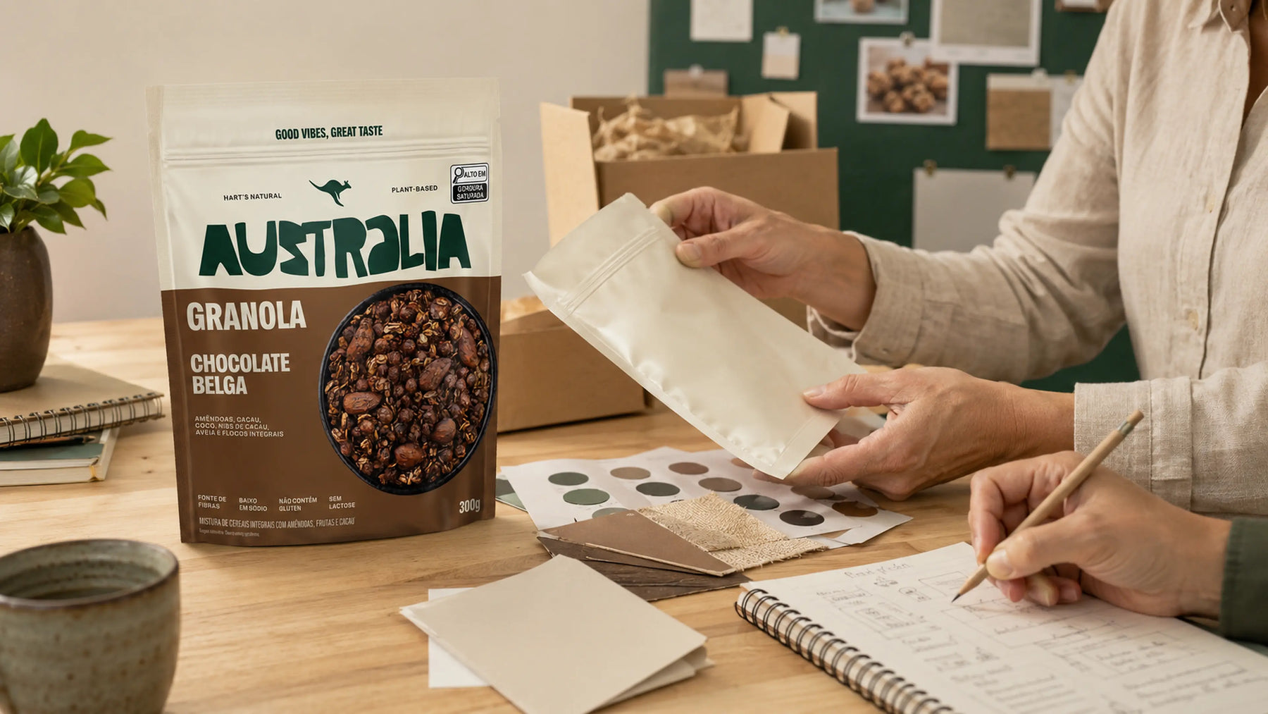 Equipe analisando materiais ao lado de uma embalagem de Granola Chocolate Belga.