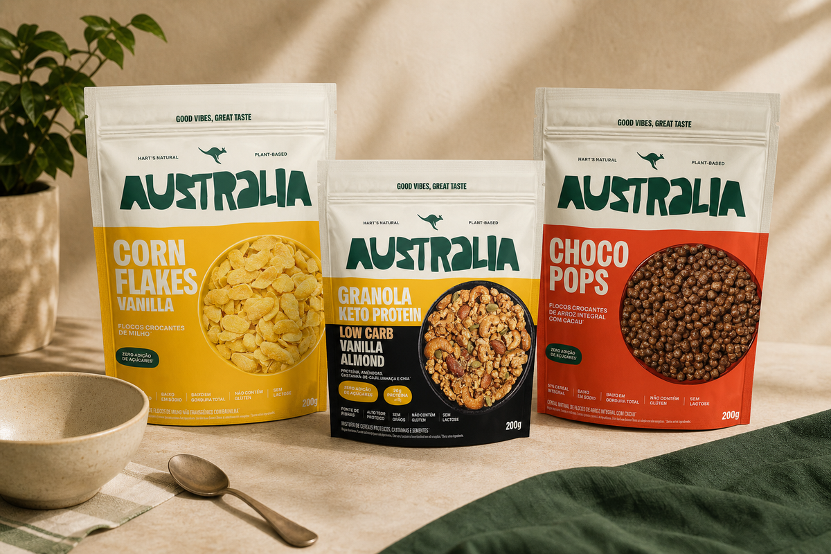 Granola Keto Protein, CornFlakes Vanilla e ChocoPops AUSTRALIA para o café da manhã.
