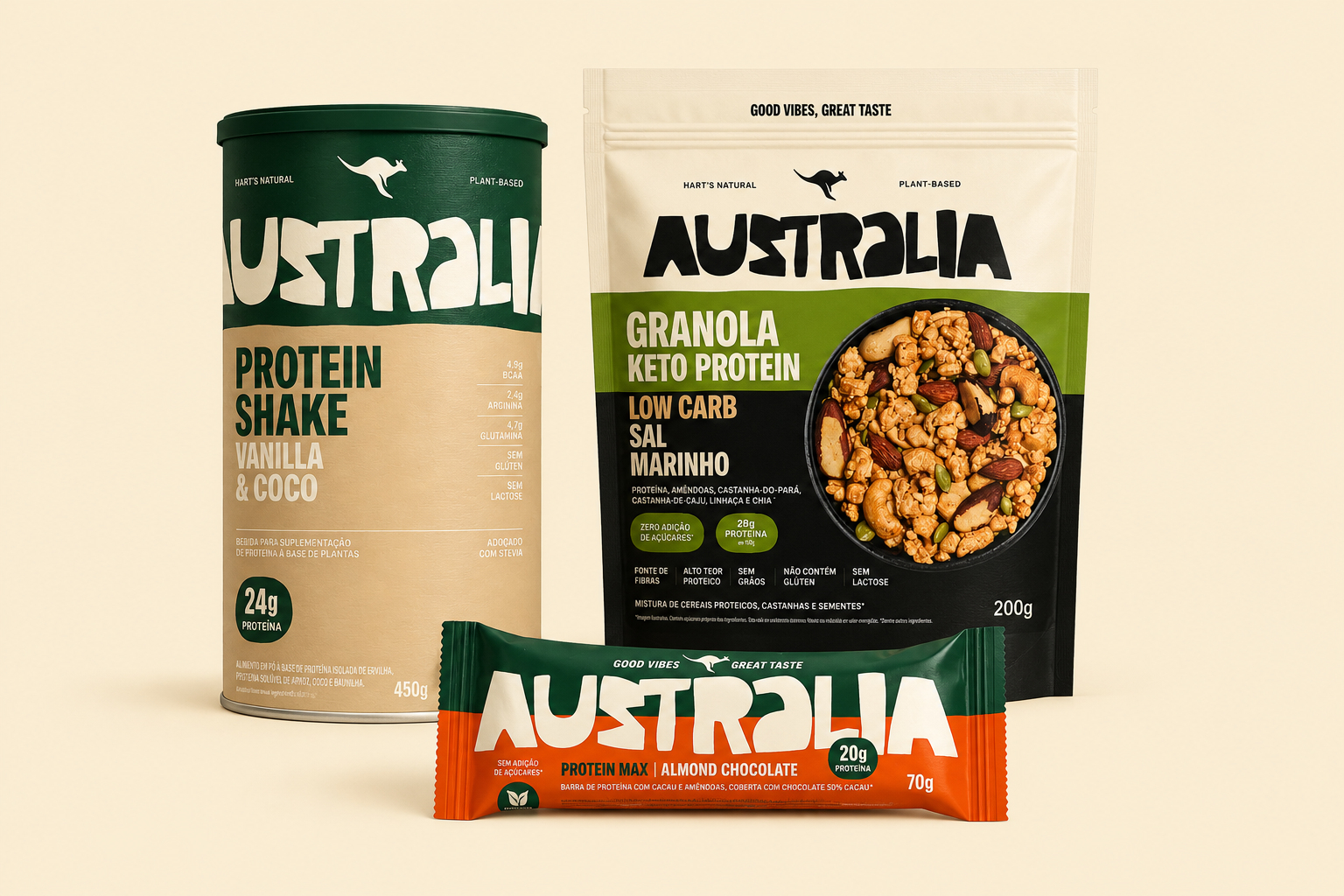 Kit Proteína Dia Longo AUSTRALIA com granola, shake e barra.