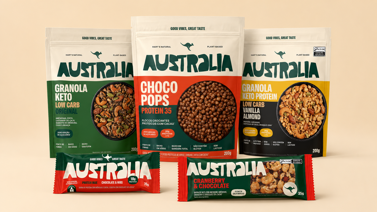 Seleção Zero Açúcar AUSTRALIA com granolas, cereal e barras.